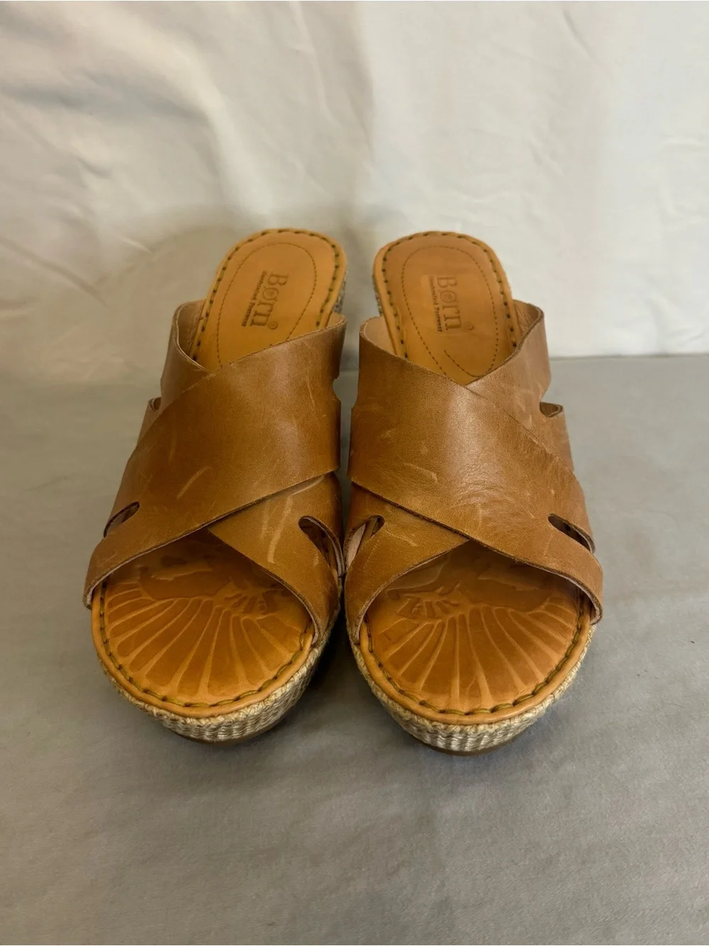 Born Brown Leather Crossband Wedge Sandals